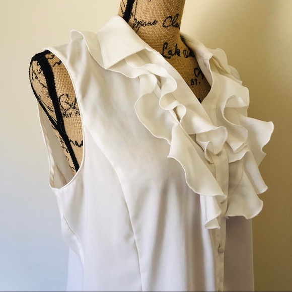 Tahari Ivory Collared Button-up Ruffle Top - Picture 3 of 5